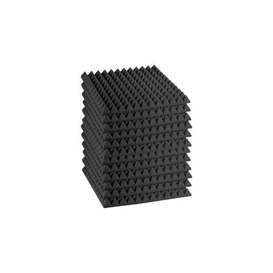 A stack of dark gray acoustic foam panels with pyramid-shaped texture.