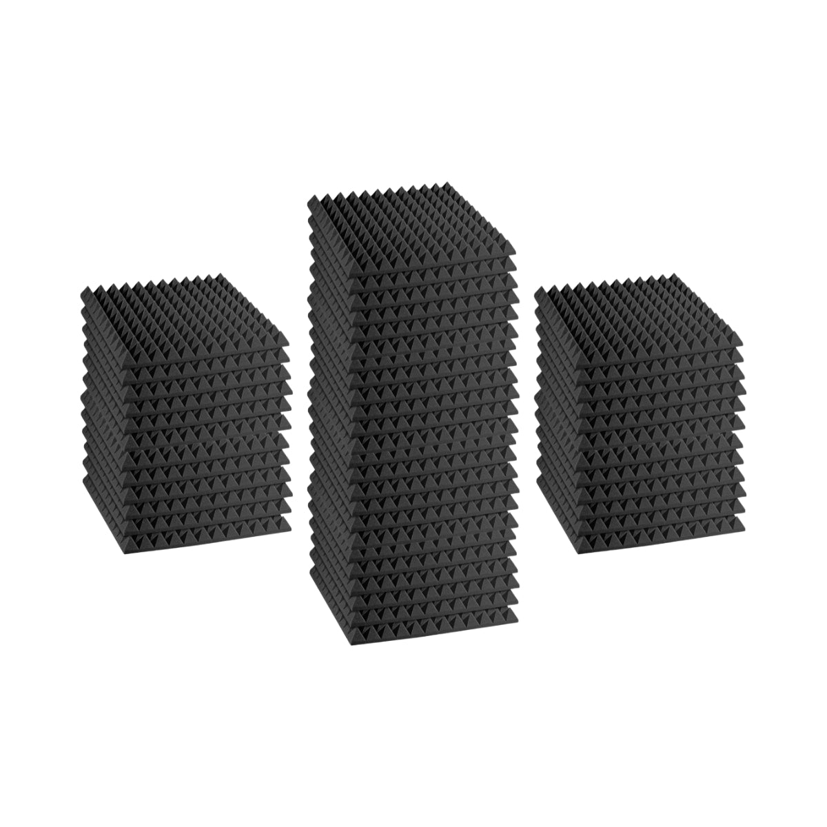 Three stacks of black pyramid-foam tiles, with the middle stack being the tallest.