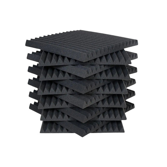 Stack of black acoustic foam panels with triangular ridges.