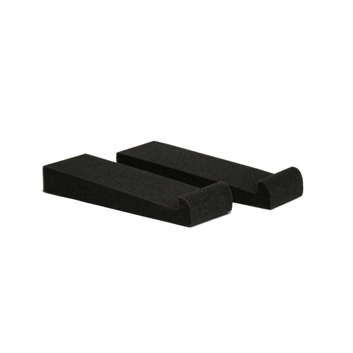 Two black foam blocks with curved edges, designed for stabilization or support, laid flat on a white background.